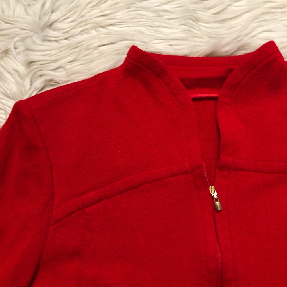 St. John Santana Wool Zip Up Fitted Cropped Bright Red Womens Knit Jacket size L - Picture 2 of 14